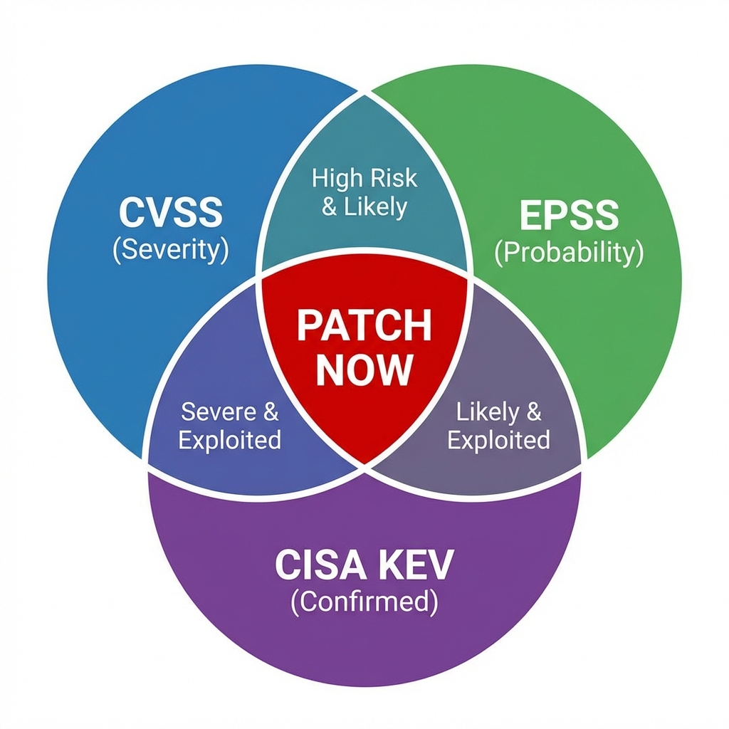 Venn diagram showing intersection of CVSS, EPSS, and KEV