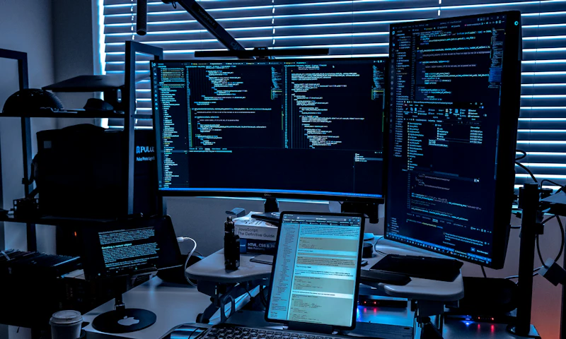 A desk with several monitors showing code and data